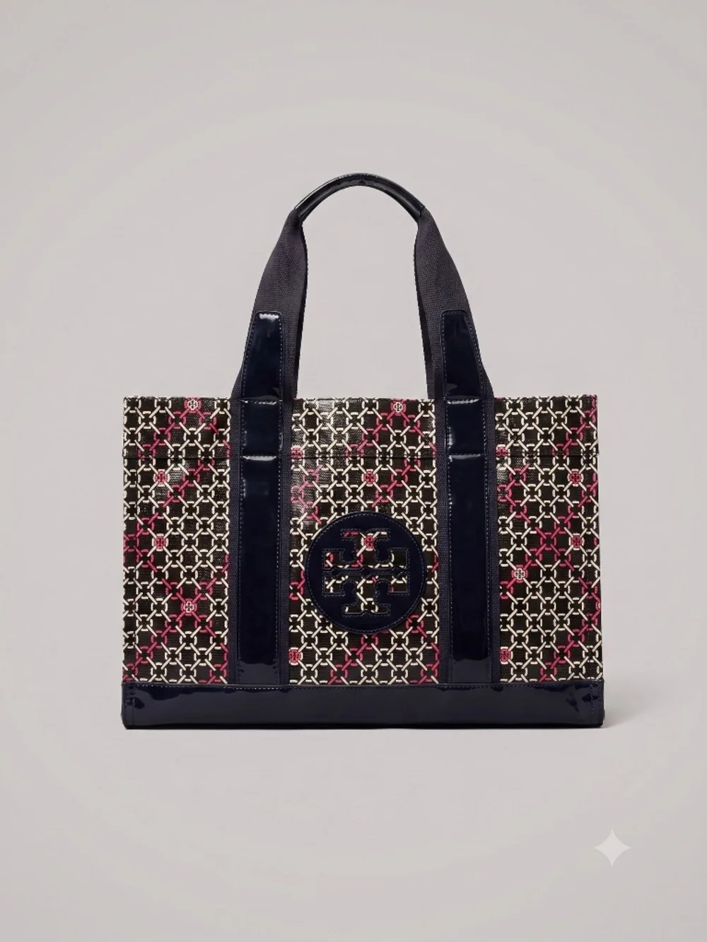 Tory Burch Patterned Tote Bag with Patent Trim